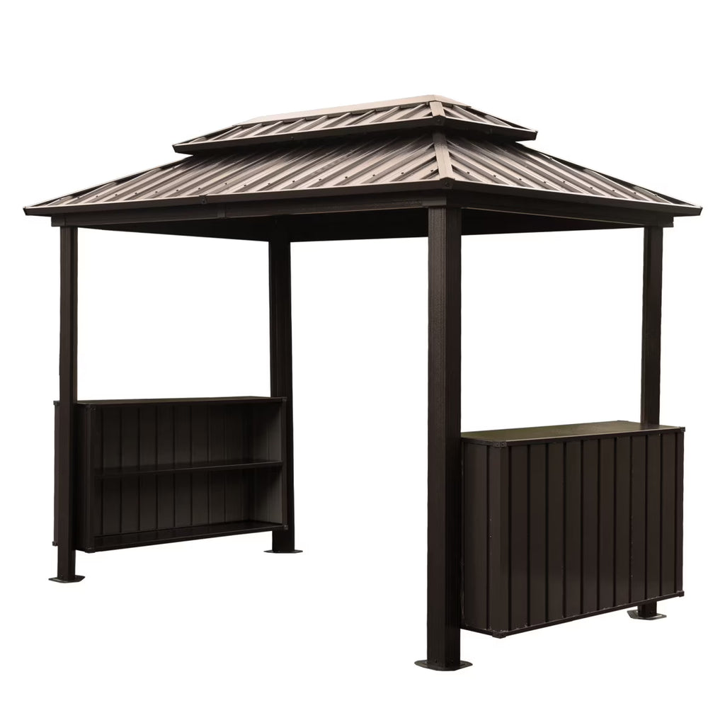 6x10 FT Shade Grill Gazebo, Outdoor BBQ Gazebo with Double Galvanized Steel Roof, Patio Grill Canopy with 2 Cabinets and Ceiling Hooks for Backyard, Lawn, Garden, Backyard, Brown