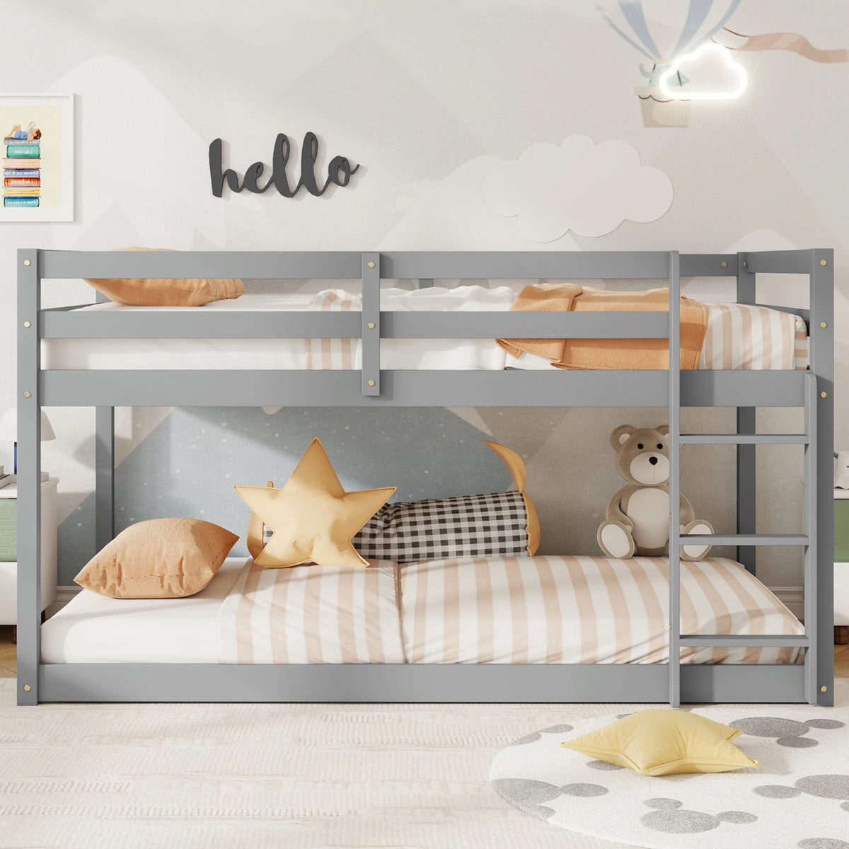 SESSLIFE Bunk Bed Twin Over Twin, Low Floor Bunk Bed with Guard Rails for Dorm, Small Space, No Box Spring Needed(White)
