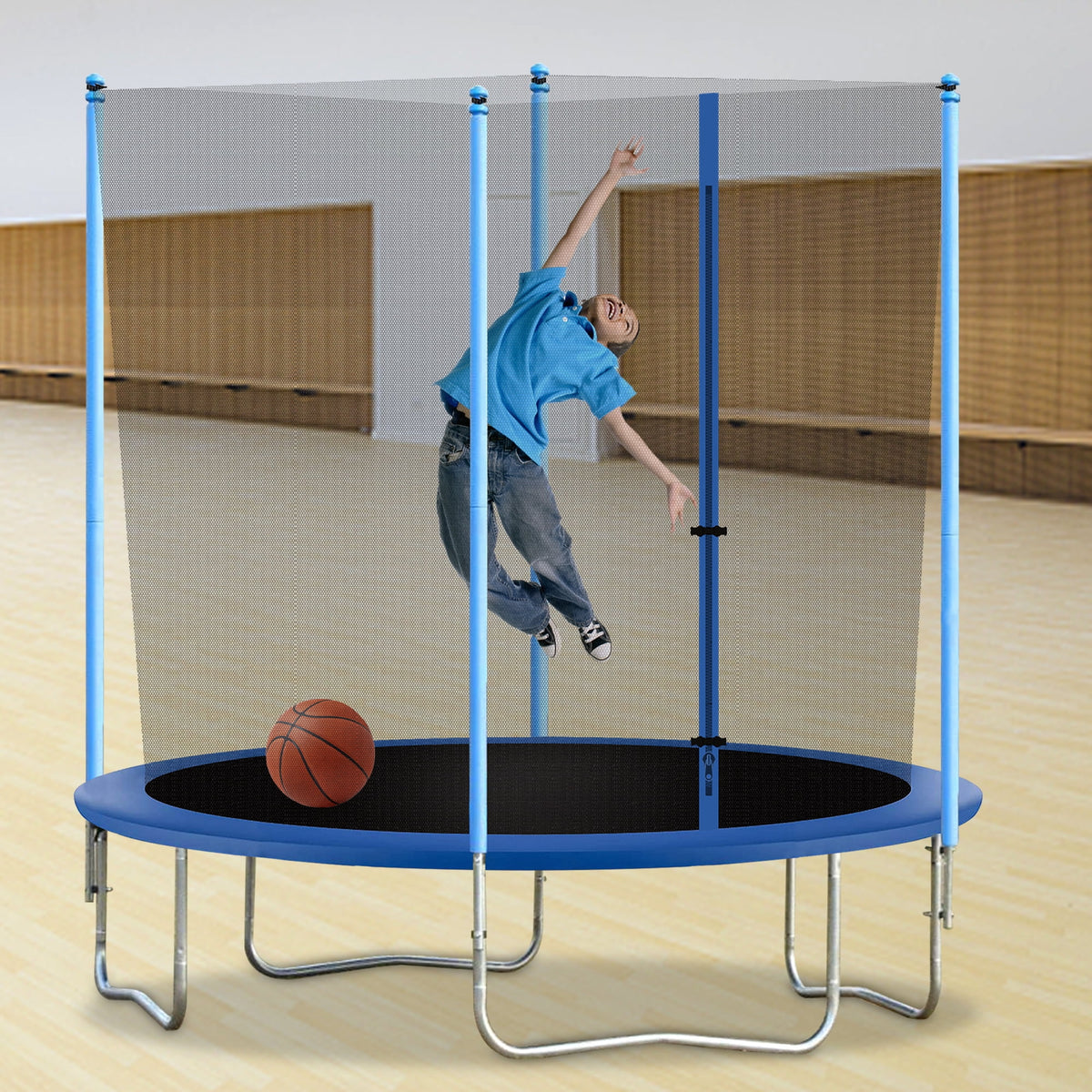 FDW 8 ft New Outdoor Round Trampoline with Safety Net and Spring Pad for Kids and Adults(Blue)