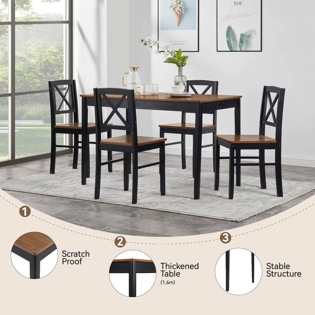 Seizeen Solid Wood Kitchen Table and Chairs, Dining Room Table Set for 4 with Gray Upholstered Chairs, Wood Grain Table Heavy-Duty Frame, Rustic Minimalist Style Breakfast Nook Set