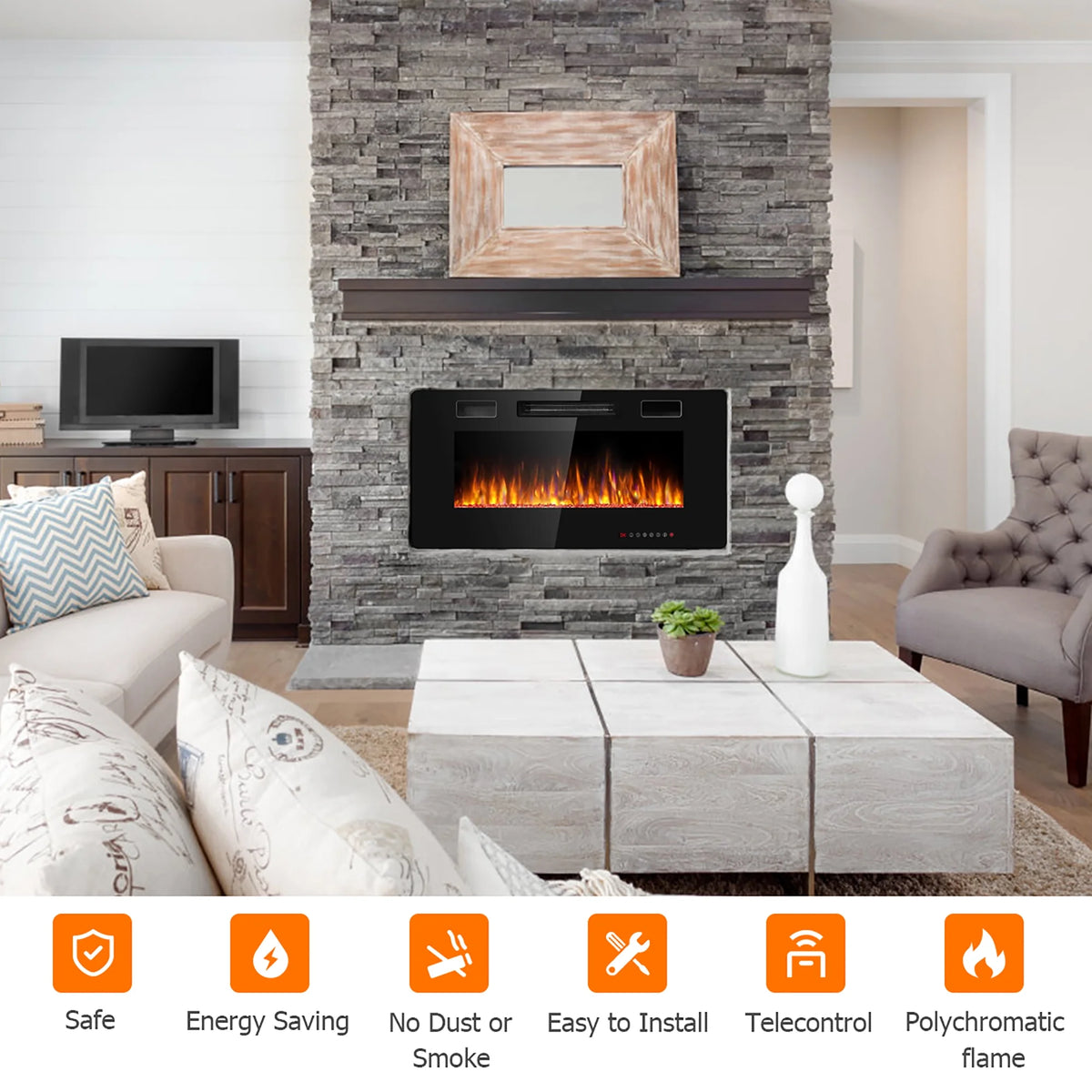 Costway 36'' Electric Fireplace Recessed Ultra Thin Wall-Mounted Heater w/Multicolor Flame