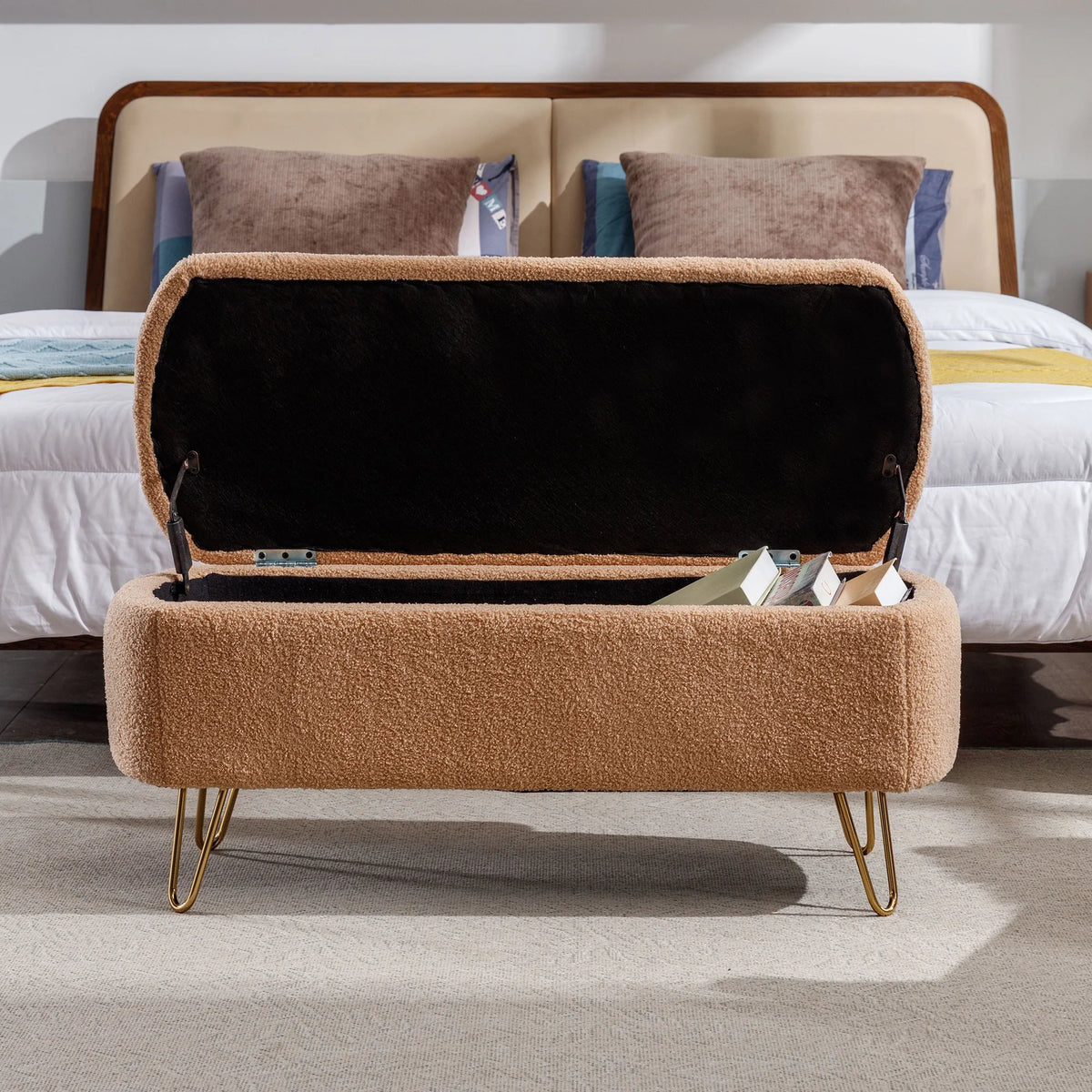 Syngar Entryway Bench with Storage for Bedroom, Living Room, and End of Bed, Faux Fur Ottoman Foot Rest with Storage,Upholstered Bench with Storage with Metal Leg,Ivory