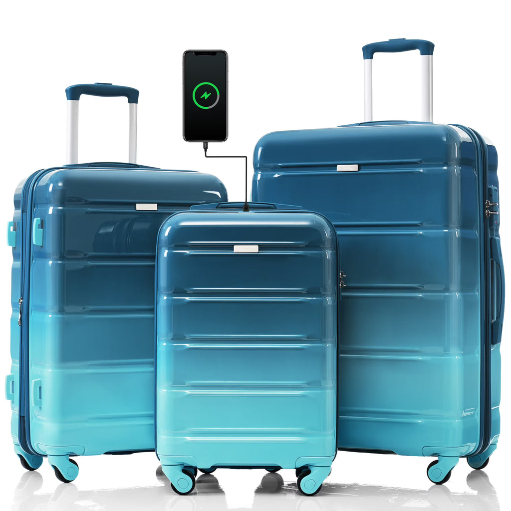 PAPROOS 3-Piece Luggage Set (20''/24''/28''), Hardshell Lightweight Suitcase with USB Port and Side Hooks, Travel Luggage with TSA-Lock, Hardside Rolling Luggage for School, Travel, Pink