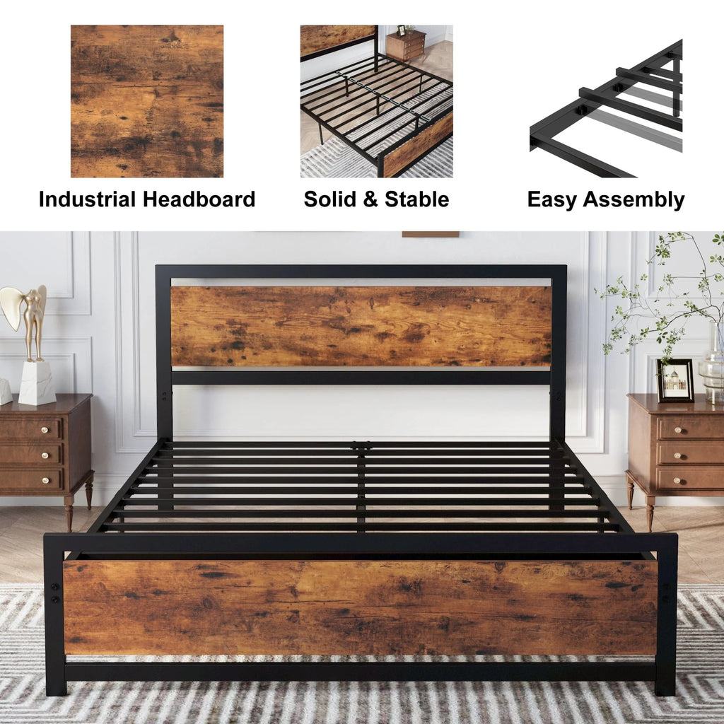 LIKIMIO Industrial Full Bed Frame with MDF Headboard, Strong Supports