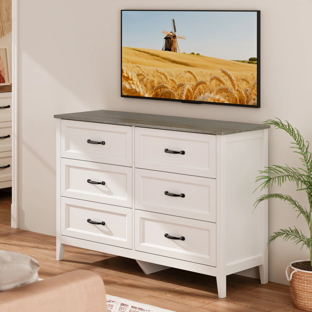 White Dresser, Lofka 6 Drawer Dresser for Bedroom, Chests of Drawers for Living Room, White Brown