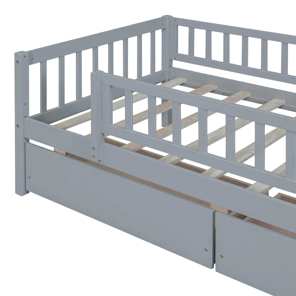 Holaki Twin Size Wood Bed with Guardrails and 2 Storage Drawers for Kids, Gray