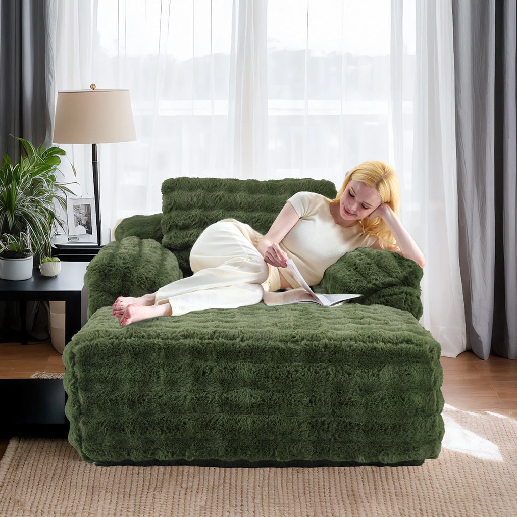 Ktaxon 68" Lounge Chair, Bubble Fleece Fabric Sofa Bed, Boneless Sleeper Chaise with Removable Backrest & Pillow-Top Armrests for Living Room White