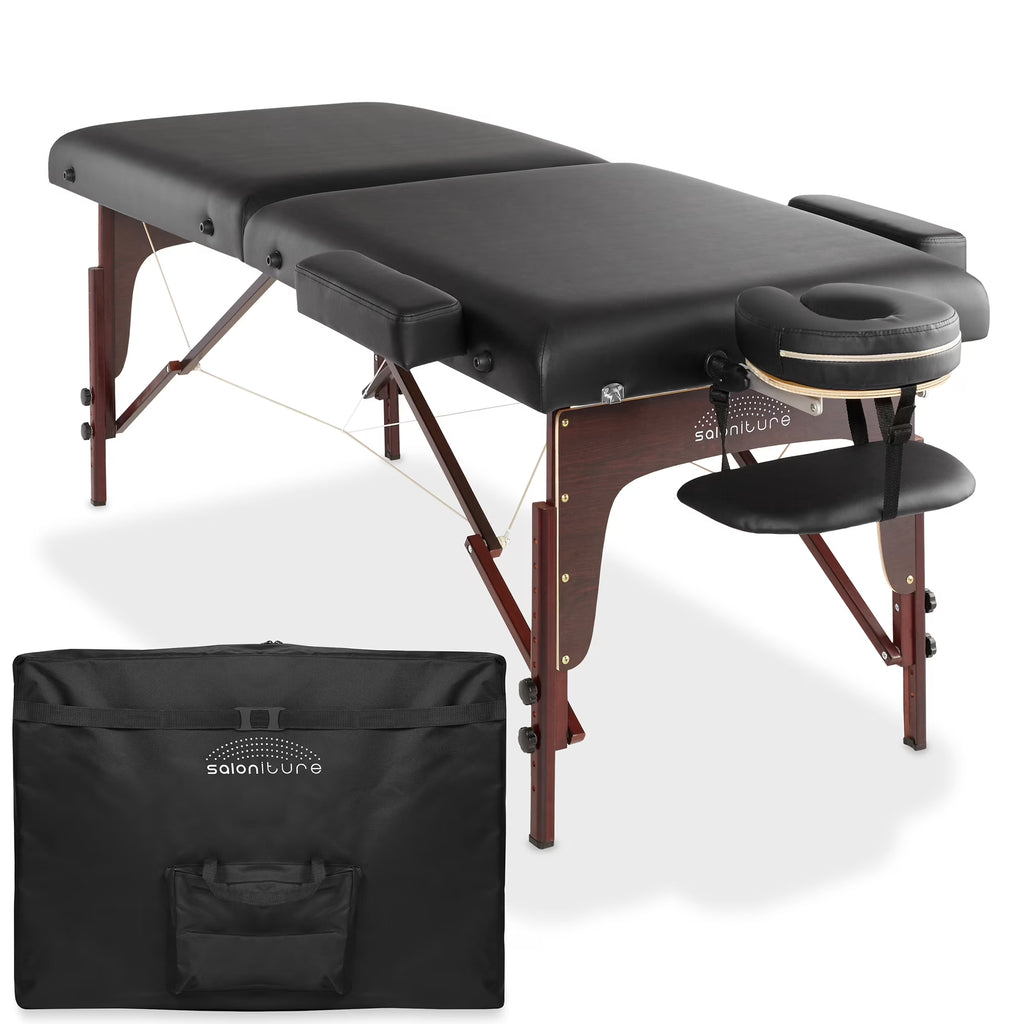 Saloniture Professional Portable Lightweight Bi-Fold Memory Foam Massage Table with Reiki Panels  - Includes Headrest, Face Cradle, Armrests and Carrying Case - Burgundy