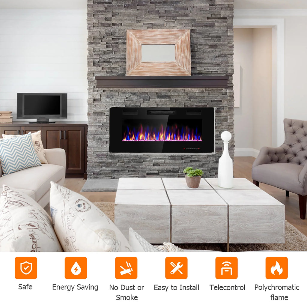 Costway 36'' Electric Fireplace Recessed Ultra Thin Wall-Mounted Heater w/Multicolor Flame