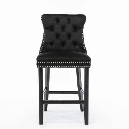 Velvet Bar Stools Set of 2, Upholstered Counter Height Bar Chair with Rivet and Button Trim, Bar Stool with Back and Footrest, for Dining Room, Kitchen, Pub, Gray