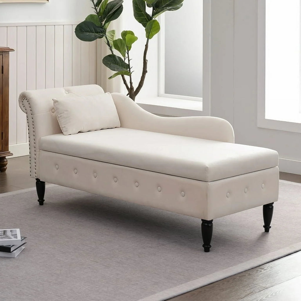 MUZZ Modern Velvet Chaise Lounge Indoor Chair,Tufted Long Lounge with Pillow for Living Room/Bedroom/Office（Beige)