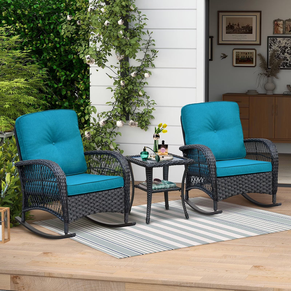 JP Outdoor 3Pcs Outdoor Wicker Rocking Porch Chairs with Coffee Table,Kahki