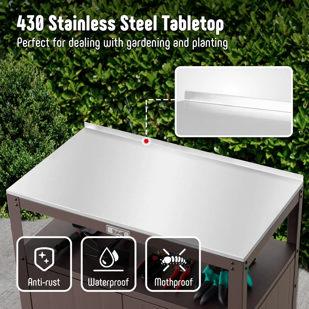 Garden Potting Bench with Storage Cabinet, Outdoor Gardening Table and Plant Workbench, Gardening, with Stainless Steel Tabletop