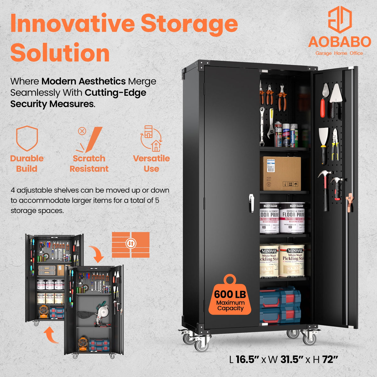Aobabo 72 Inch Locking Storage Cabinet w/ Adjustable Shelves, Gray