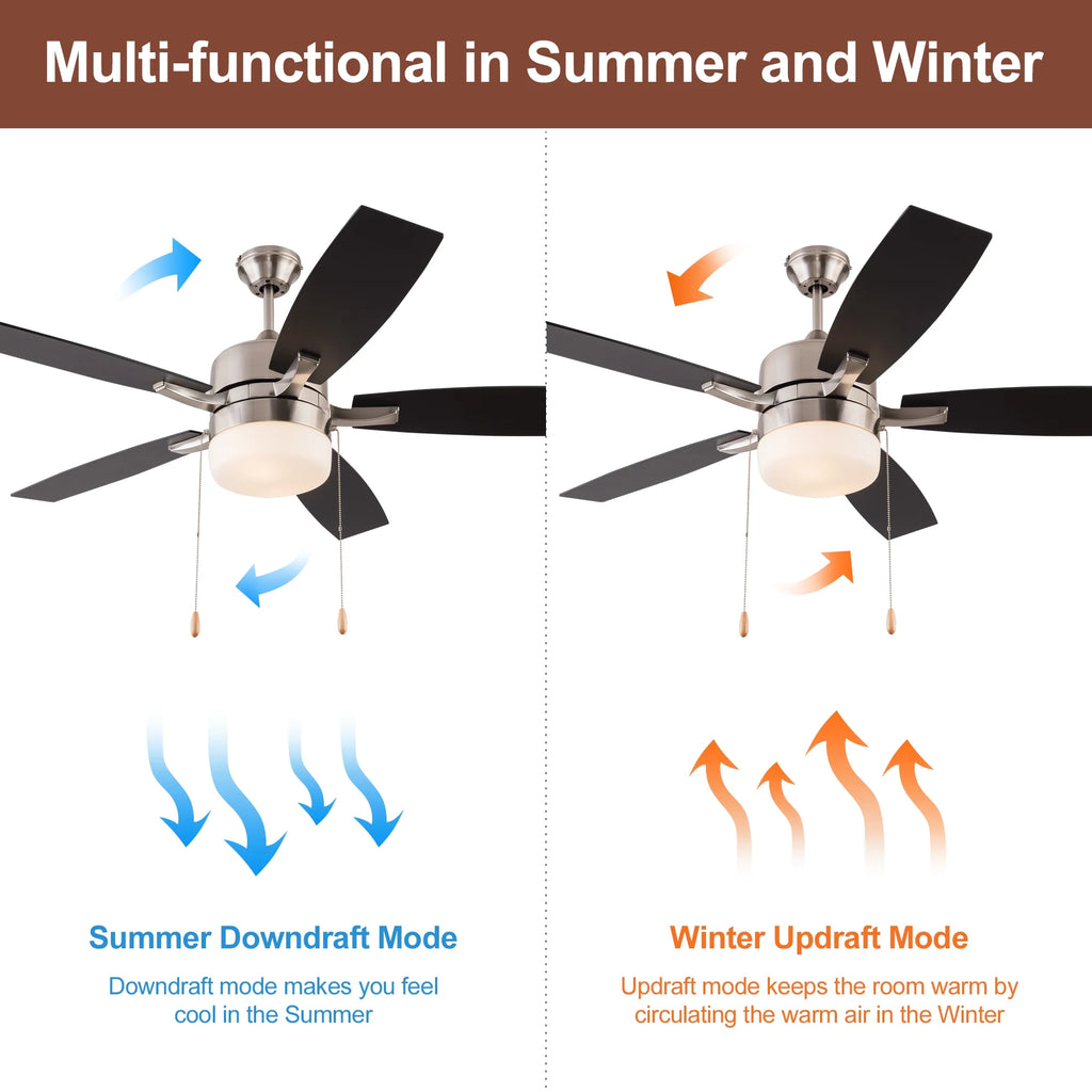 Simpol 52" Prominent Indoor Ceiling Fan with LED Light, Pull Chain and Remote Control, Reversible AC Motor, Walnut/Silver Reversible Blades and Satin Nickel Finish