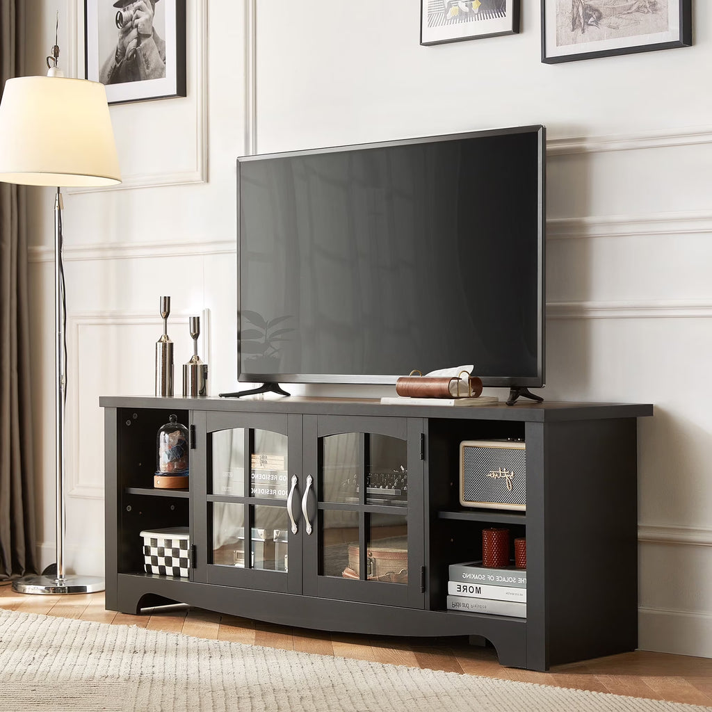 LINSY HOME Modern Farmhouse TV Stand for TVs up to 65",Home Entertainment Center with Storage Cabinet and Adjustable Shelves,Washed Grey & Brown