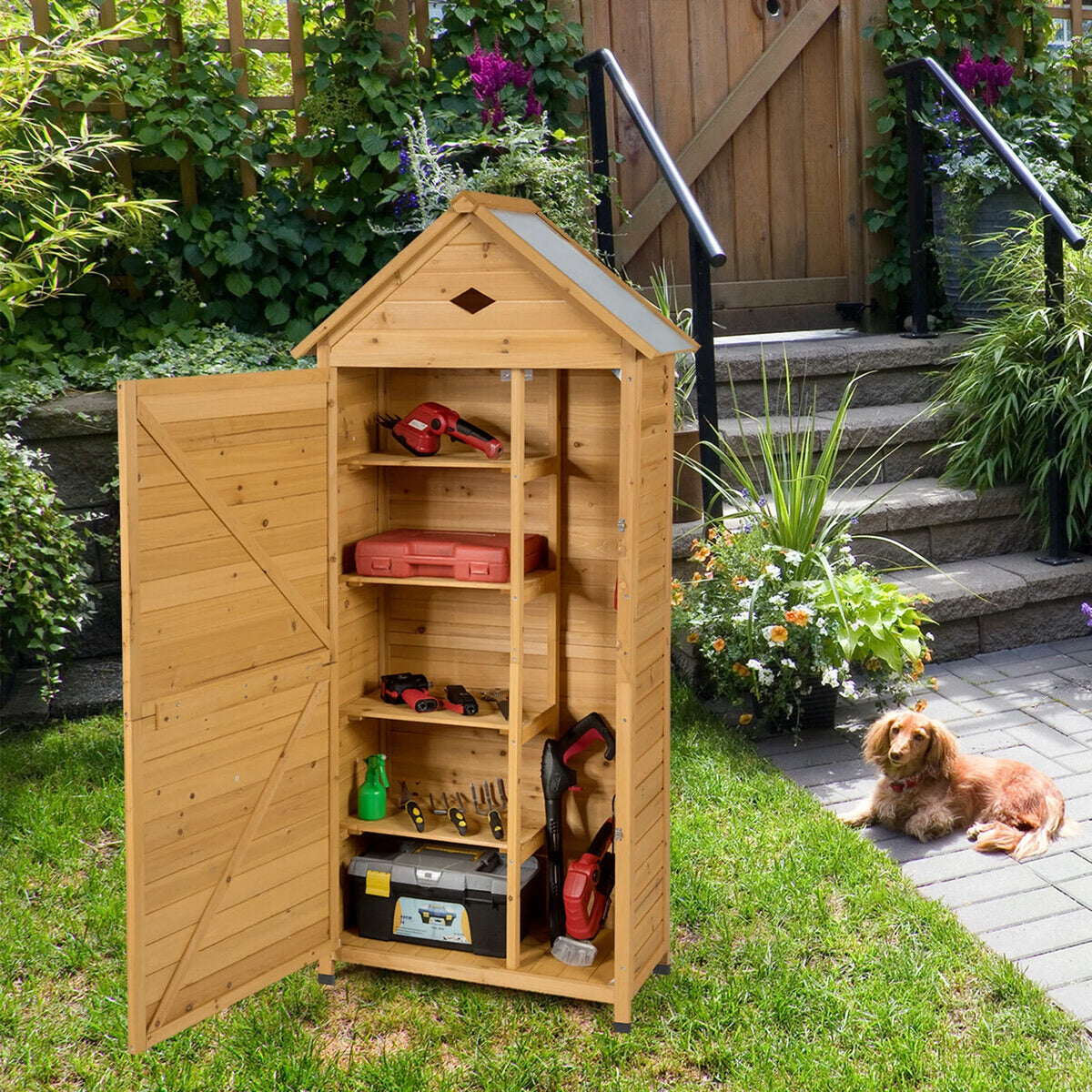 Gymax Outdoor Storage Shed Lockable Wooden Garden Tool Storage Cabinet W/ Shelves