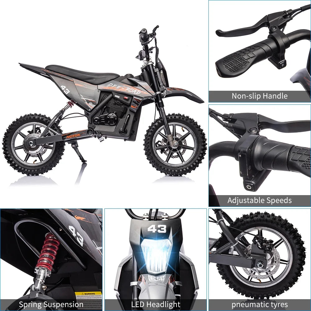 36V Electric Dirt Bike for Kids, Ride on Motorcycle 350W Brushless Motor Fast Speed 15.5MPH with LED Headlight, Leather Seat,Front+Back Brake for Teens Max Load 175lbs