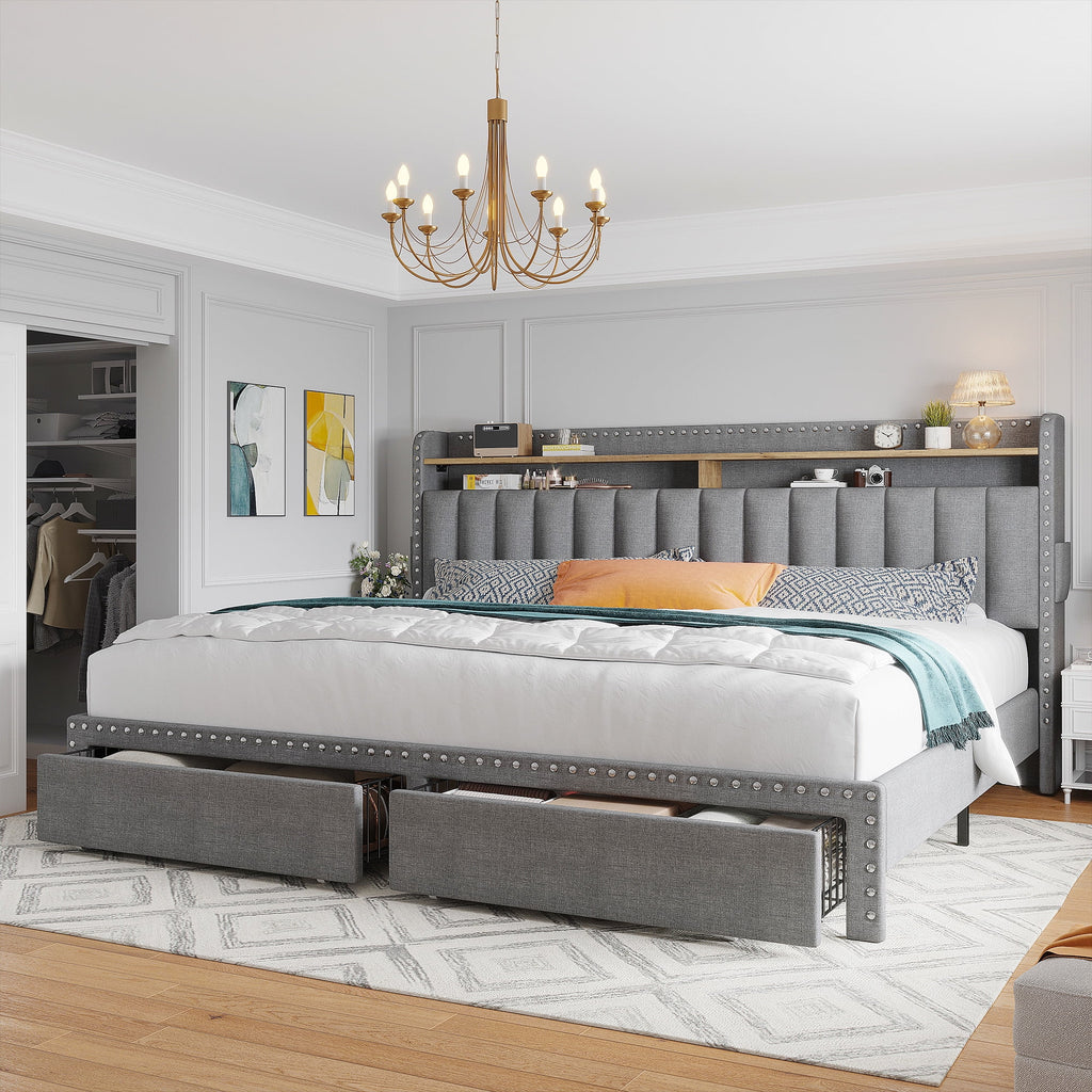EnHomee Upholstered King Size Bed Frame with Headboard and Storage King Bed Frame with 2 Drawers,Grey