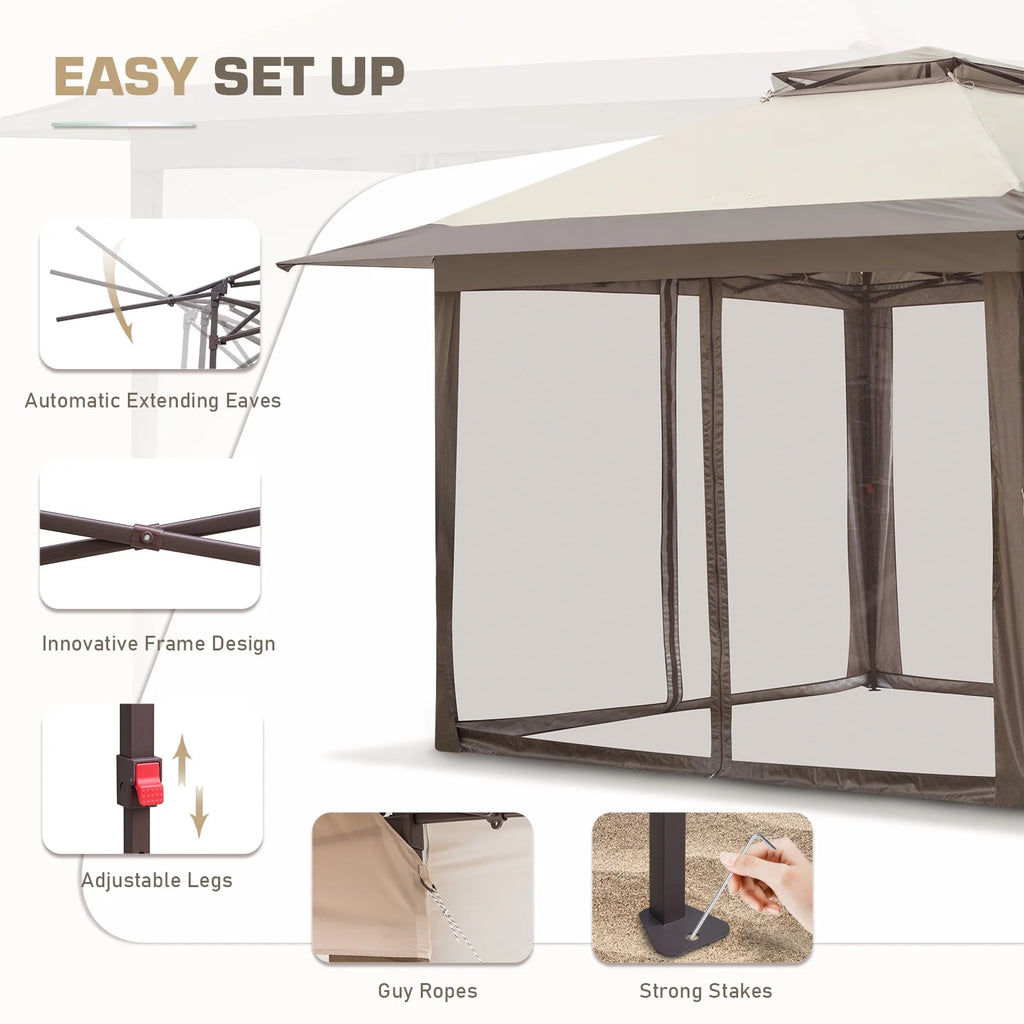 EAGLE PEAK 13' x 13' Pop-Up Gazebo Tent Instant w/Mosquito Netting，Outdoor Gazebo Canopy Easy Set-up Folding Shelter (Beige/Brown)