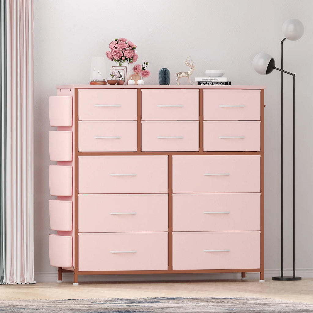 KATIDAP Dresser for Bedroom with 12 Drawer, Dressers & Chests of Drawers for Hallway, Entryway, Storage Organizer Unit with Fabric, Sturdy Metal Frame, Wood Tabletop, Easy Pull Handle,Pink