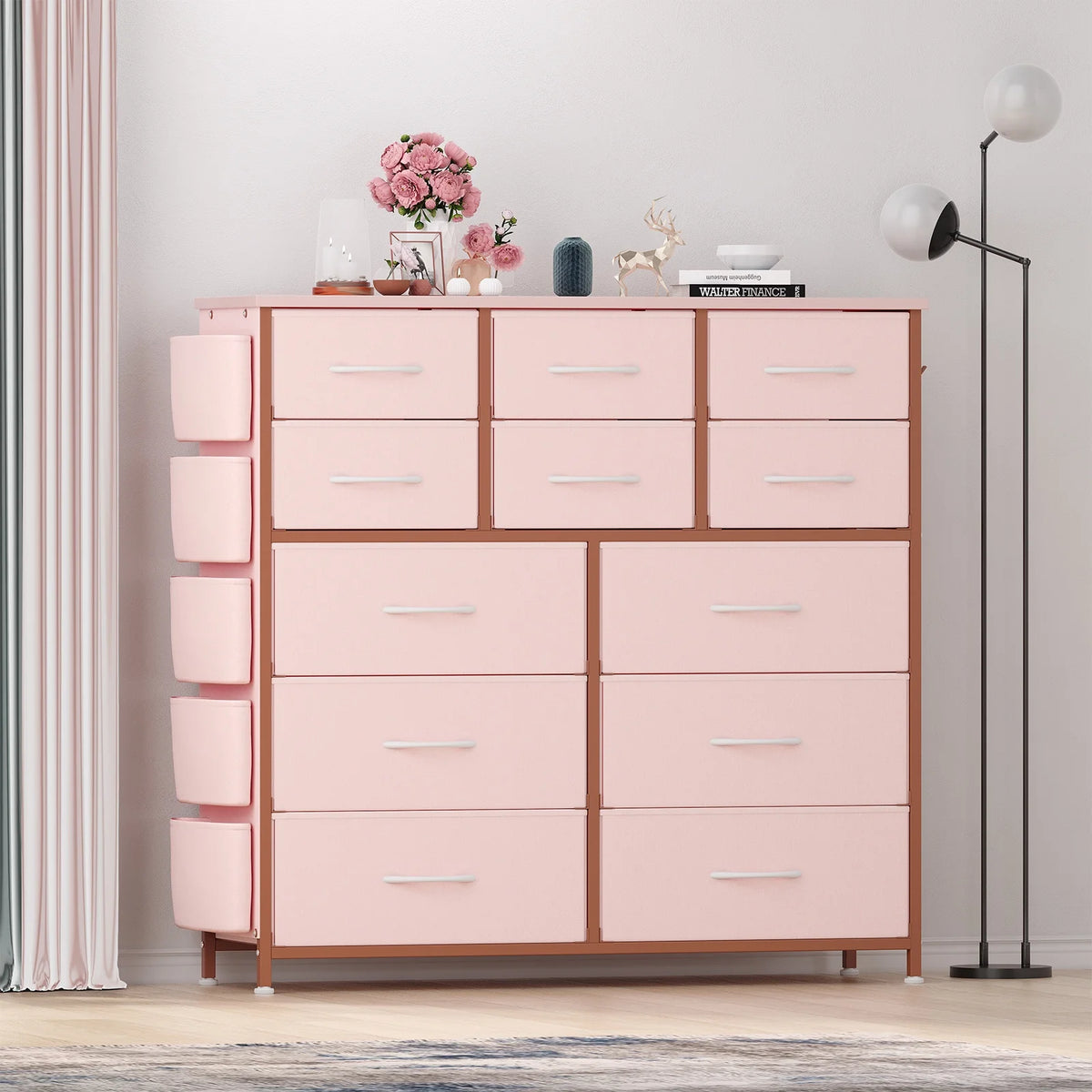 KATIDAP Dresser for Bedroom with 12 Drawer, Dressers & Chests of Drawers for Hallway, Entryway, Storage Organizer Unit with Fabric, Sturdy Metal Frame, Wood Tabletop, Easy Pull Handle,Pink