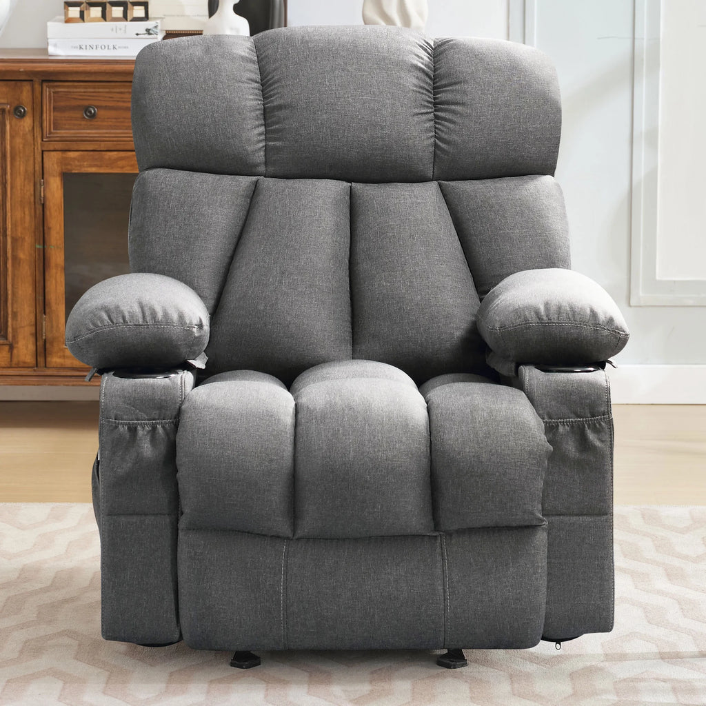 JONPONY Manual Recliner Chair with Heat Therapy and Massage Function, Heavy Duty Reclining Mechanism Massage Chair, Elderly Single Rocker Sofa with Cup Holders for Bedroom Home Theater,Grey