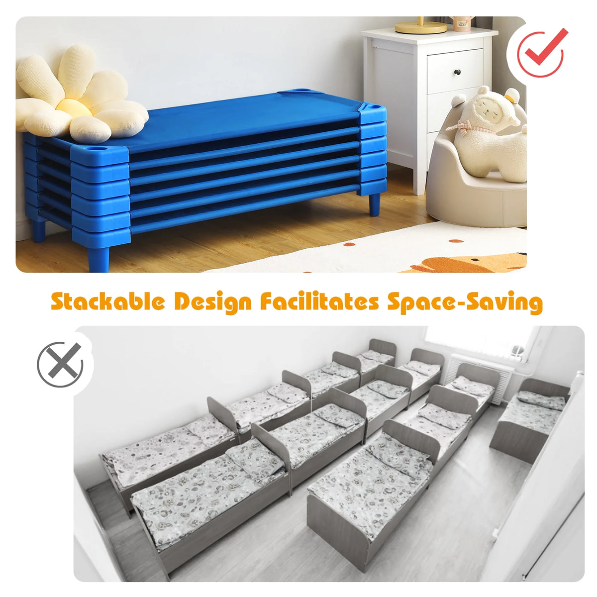 Costway Pack of 6 Kids Stackable Naptime Cot 52'' L x 23'' W Daycare Rest Mat Blue