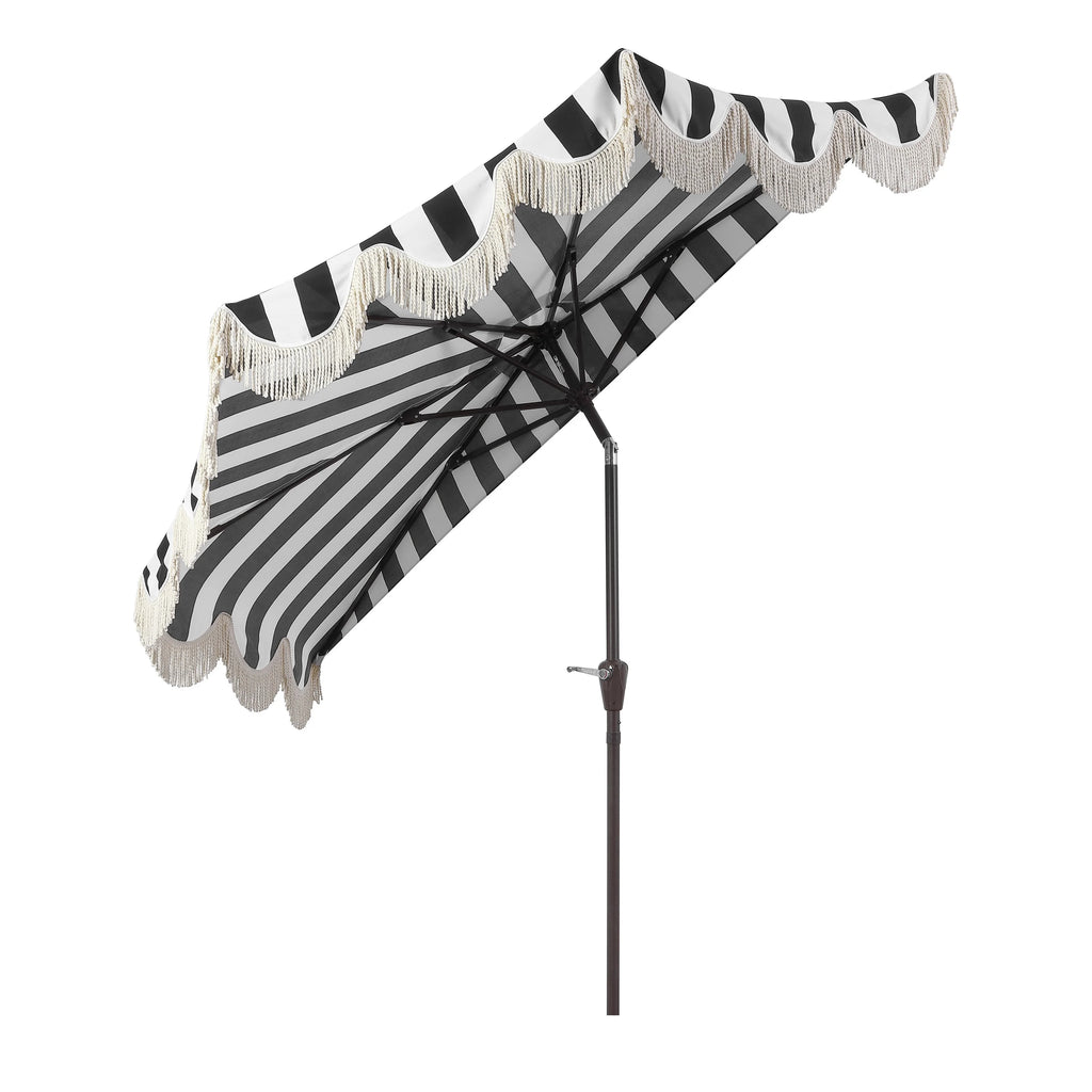 JONATHAN Y Beverly 9 ft. Half Market Patio Umbrella, Designer Classic Scalloped Fringe with Crank, Tilt Button and UV Protection, Blue/White/Cream, Dark Brown Pole