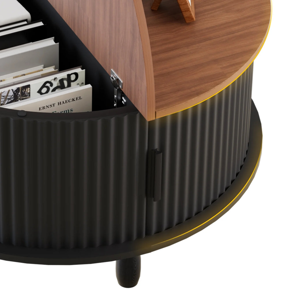 RUMLIVE Round Coffee Table with Storage, 30.7" Modern Coffee Table with 360 Curved Sliding Door, Fluted Wood Coffee Table with Footpads, Round Center Table for Living Room, Black