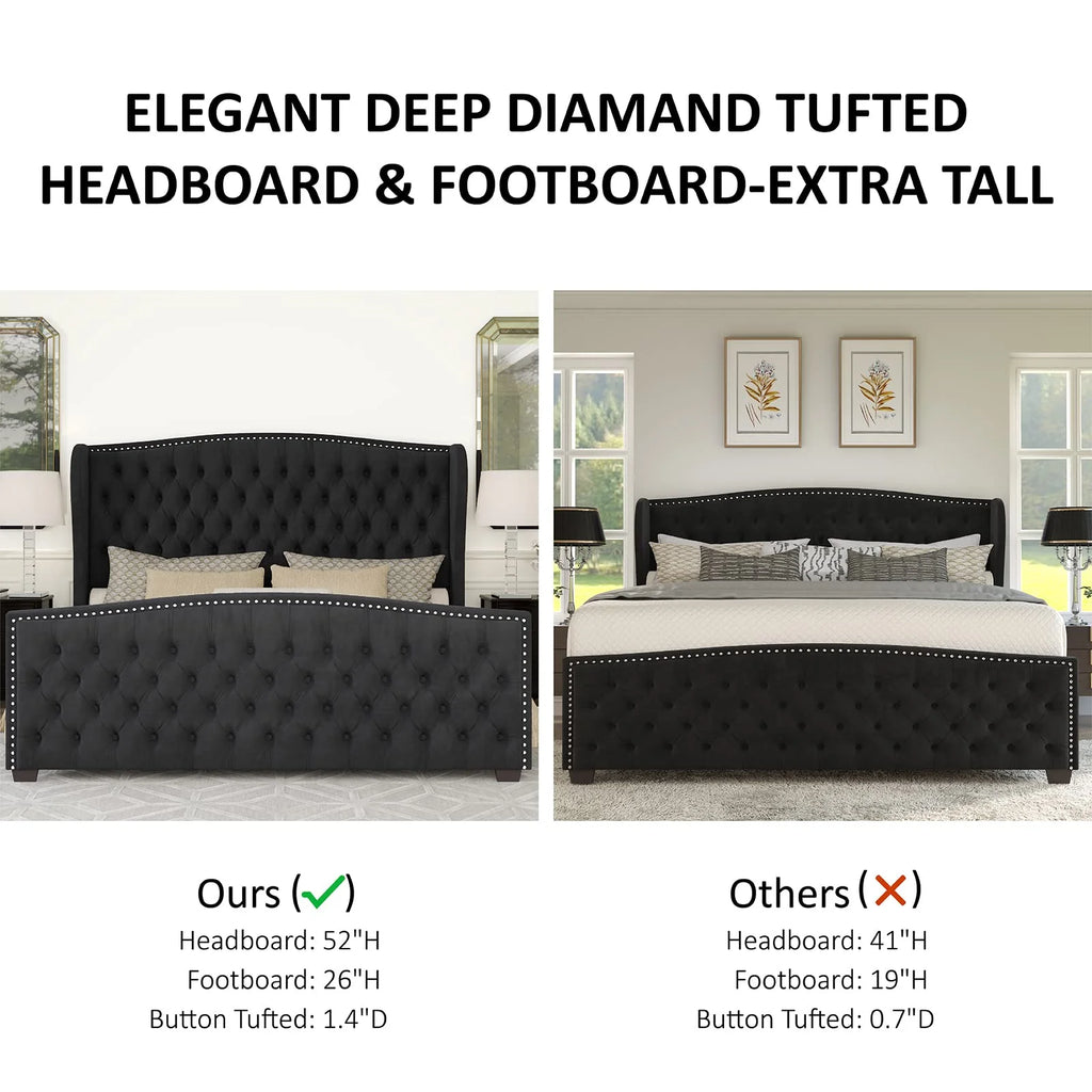 VANACC Queen Size Bed Frame, Velvet Upholstered Bed with Deep Button Tufted Wingback Headboard Grey