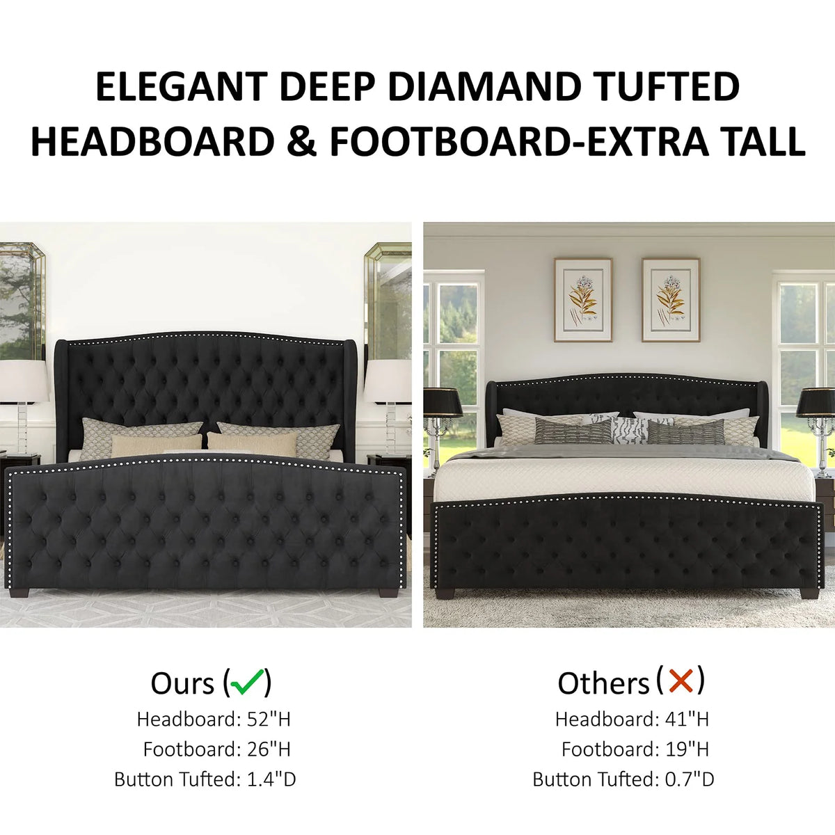 VANACC Queen Size Bed Frame, Velvet Upholstered Bed with Deep Button Tufted Wingback Headboard Grey