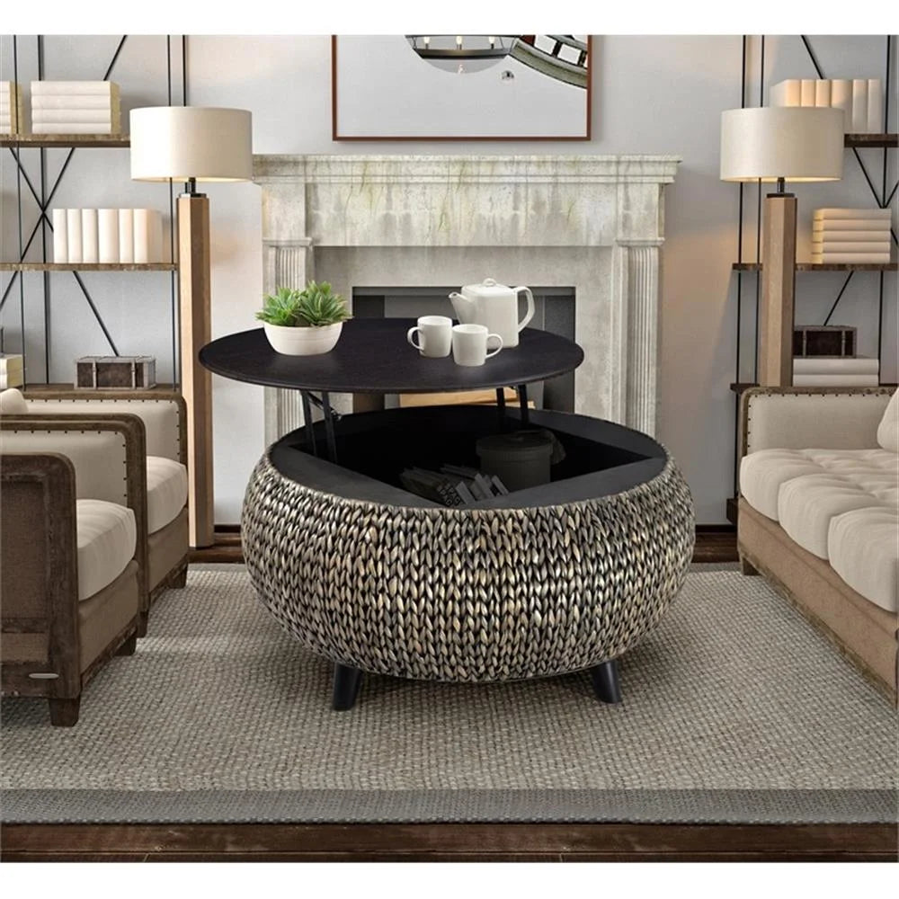 Gallerie Decor Bali Breeze Round Transitional Wood Coffee Table in Silver
