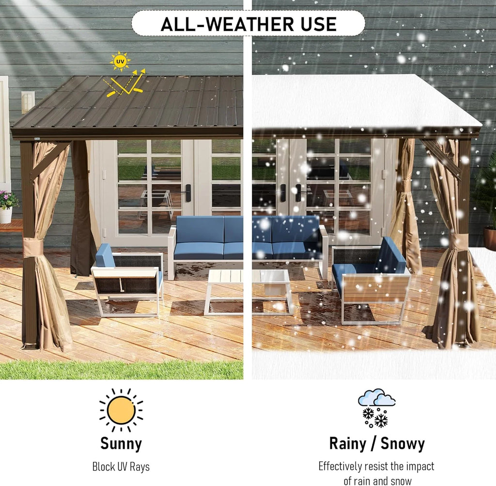 Domi Outdoor Living 10' x 12' Hardtop Lean-to Gazebo, Wall-Mounted with Galvanized Steel Roof Wall Pergola with Aluminum Frame, Curtains and Netting, for Patio, Deck, Garden, Backyard