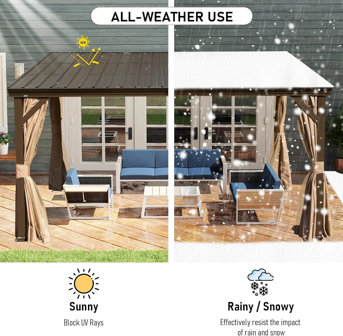 Domi Outdoor Living 10' x 12' Hardtop Lean-to Gazebo, Wall-Mounted with Galvanized Steel Roof Wall Pergola with Aluminum Frame, Curtains and Netting, for Patio, Deck, Garden, Backyard