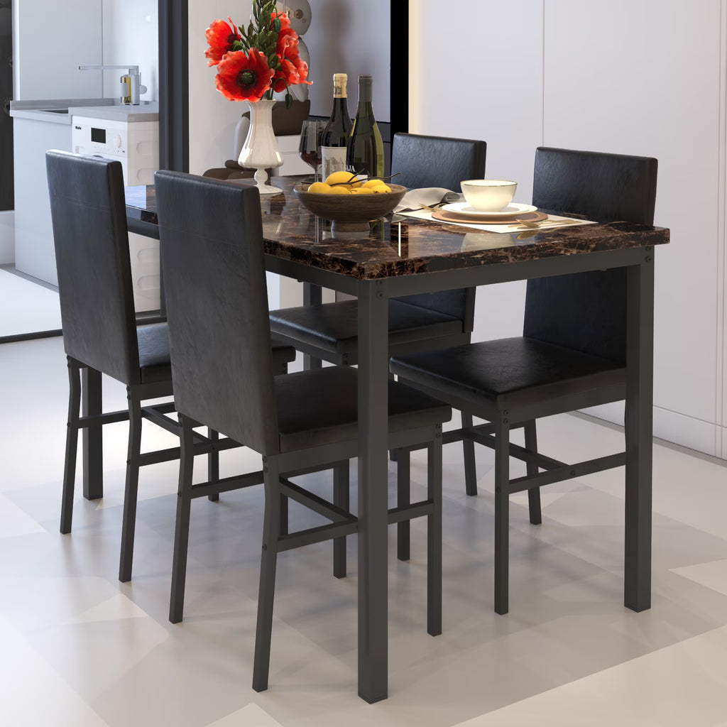 5 Piece Dining Set, Modern Dining Table and Chairs Set for 4, Counter Height Bar Table Set, Modern Pub Table with 4 Velvet Fabric Cushioned Stools, Faux Marble Dining Table & Stools Set, D9297