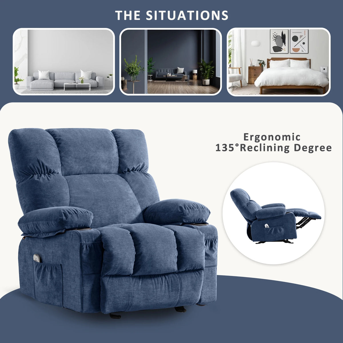 JONPONY Manual Recliner Chair with Heat Therapy and Massage Function, Heavy Duty Reclining Mechanism Massage Chair, Elderly Single Rocker Sofa with Cup Holders for Bedroom Home Theater,Grey