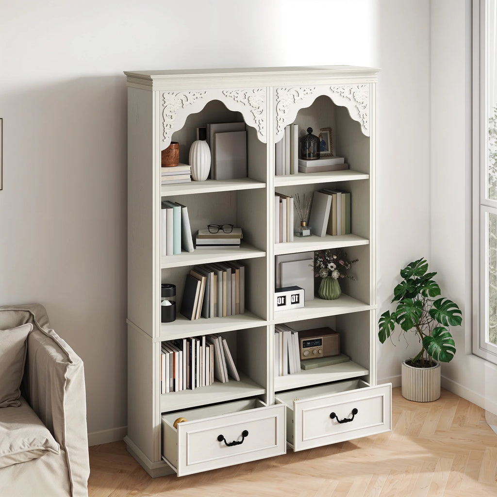 ModFusion 70" Distressed White Bookshelf with Adjustable Shelves and Two Drawers