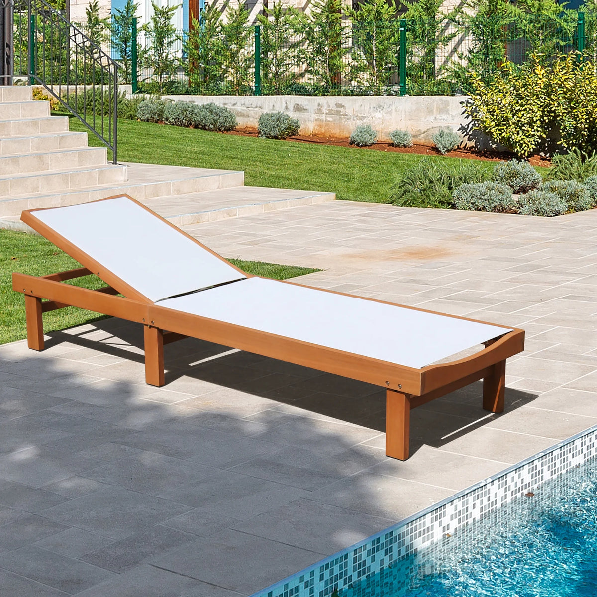 Gymax 2PCS Patio Wooden Chaise Lounge Chair Recliner w/ Adjustable Backrest