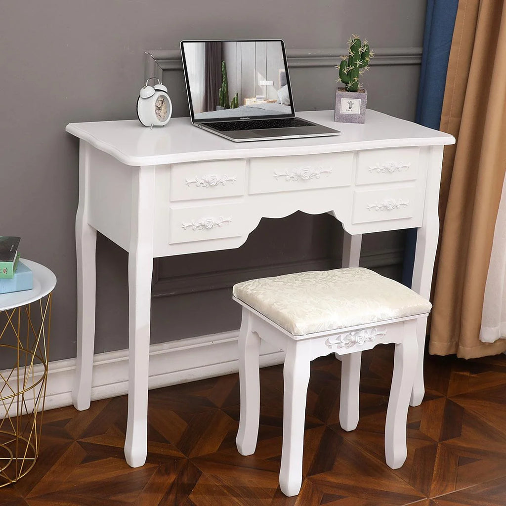Ktaxon Vanity Set,Flip-top Mirror Dressing Table Makeup Vanity Table Writing Desk with 2 Drawers and Stool, White