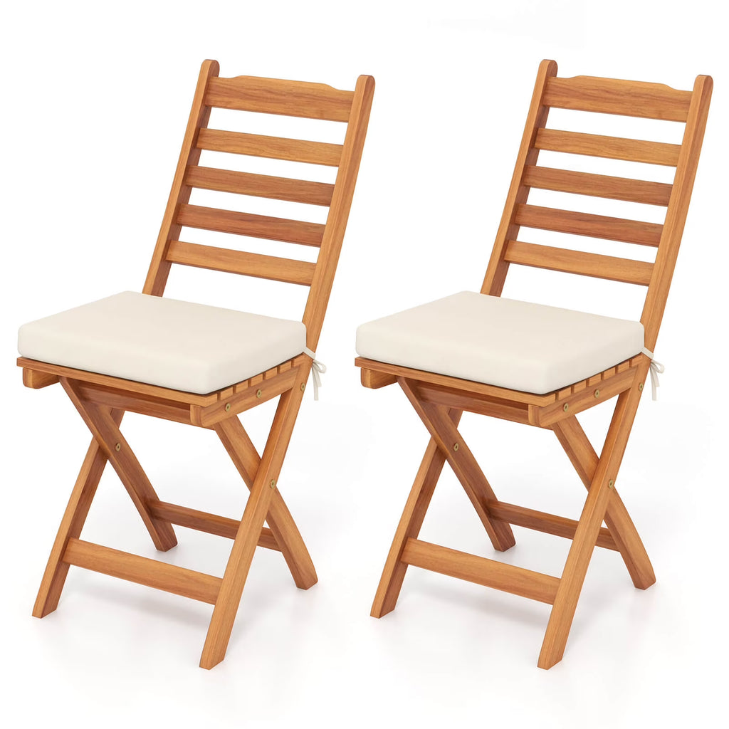 Costway Folding Patio Chairs Set of 2 with Slatted Backrests and Soft Seat Cushions
