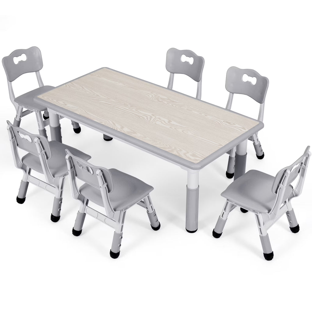 Arlopu Adjustable Kids Table and 6 Chairs Set, Toddler Play Activity Table Set with Graffiti Tabletop, Preschool Kids Furniture Table Set for Reading, Drawing, Eating