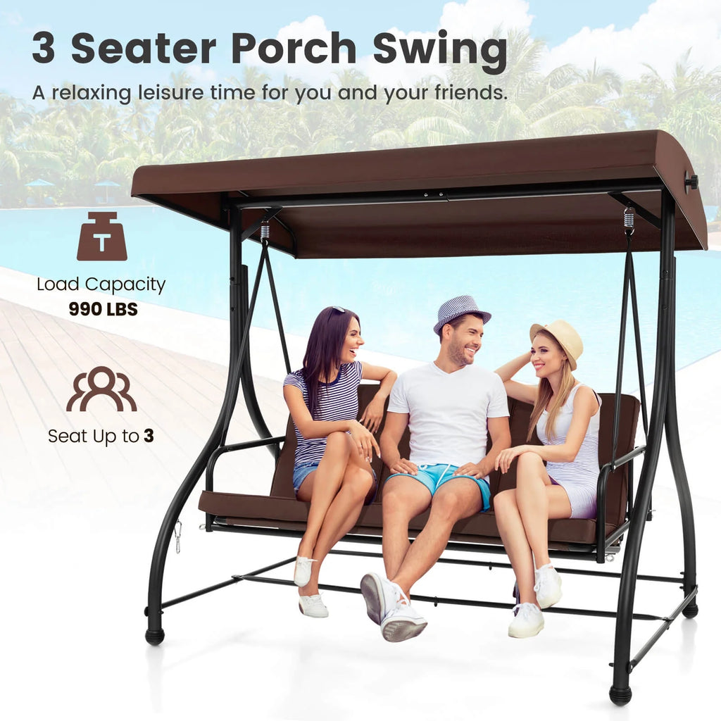 Costway 3-Seat Outdoor Converting Patio Swing Glider Adjustable Canopy Porch Swing Black