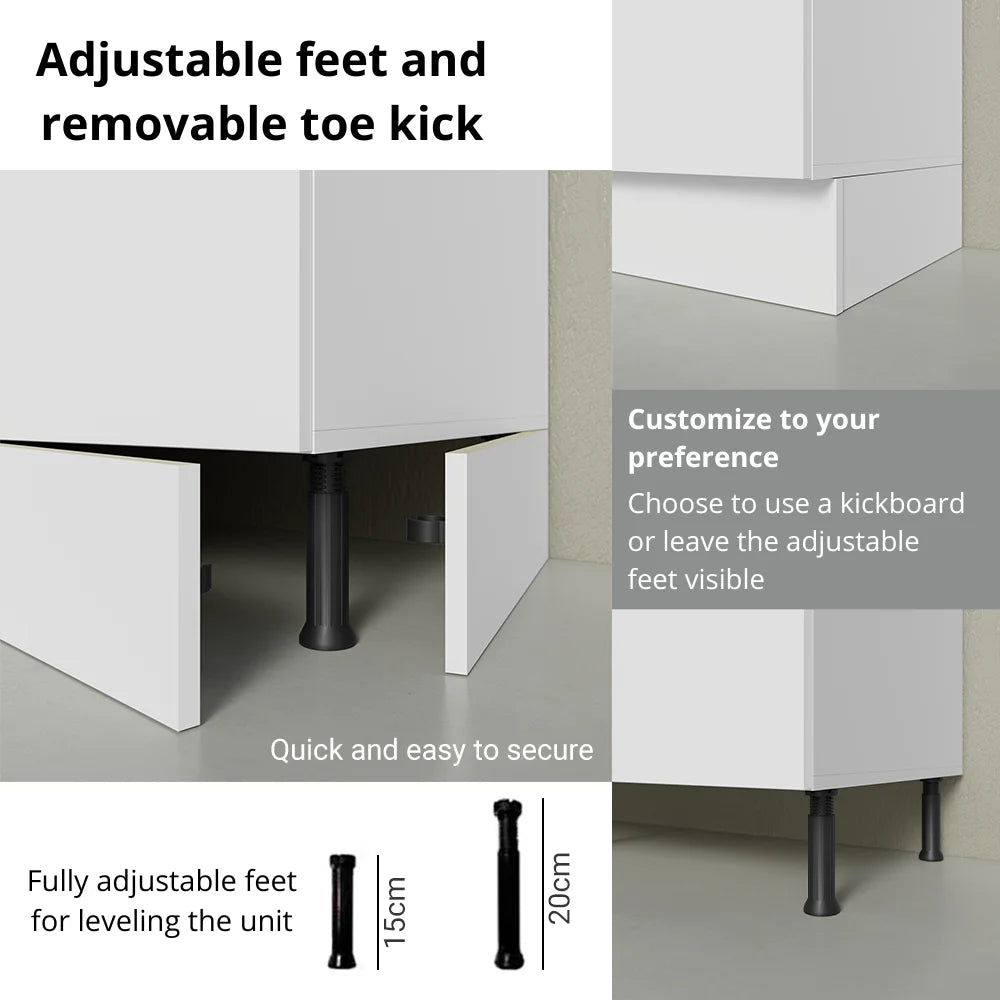 Madesa Full Set Hazel Kitchen Storage Cabinet 107 Inch Wooden Organization Unit with Multiple Compartments Engineered Wood Slab Doors Painted Finish Floor Mount Removable Plinth - White/Brown