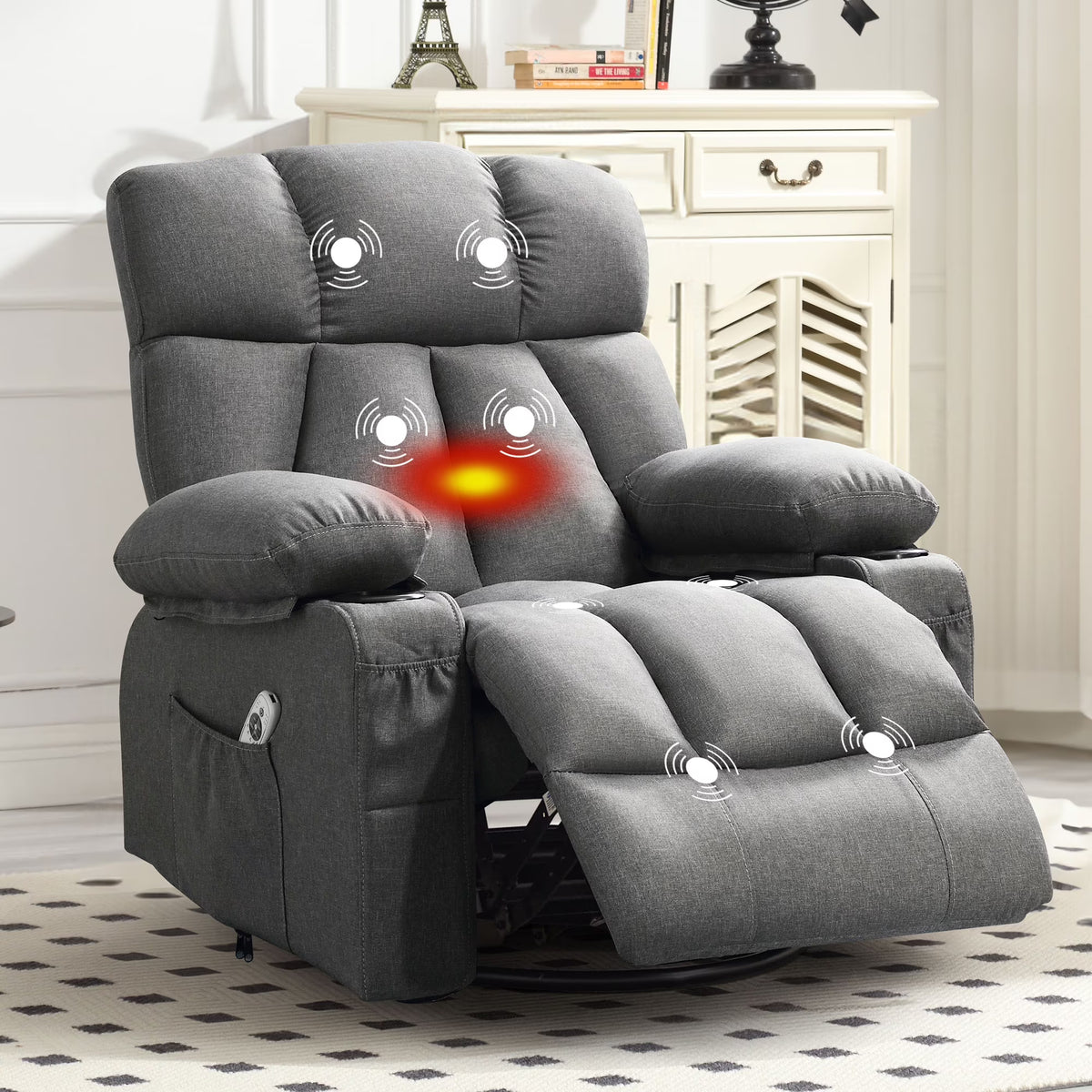 JONPONY Manual Recliner Chair with Heat Therapy and Massage Function, Heavy Duty Reclining Mechanism Massage Chair, Elderly Single Rocker Sofa with Cup Holders for Bedroom Home Theater,Grey