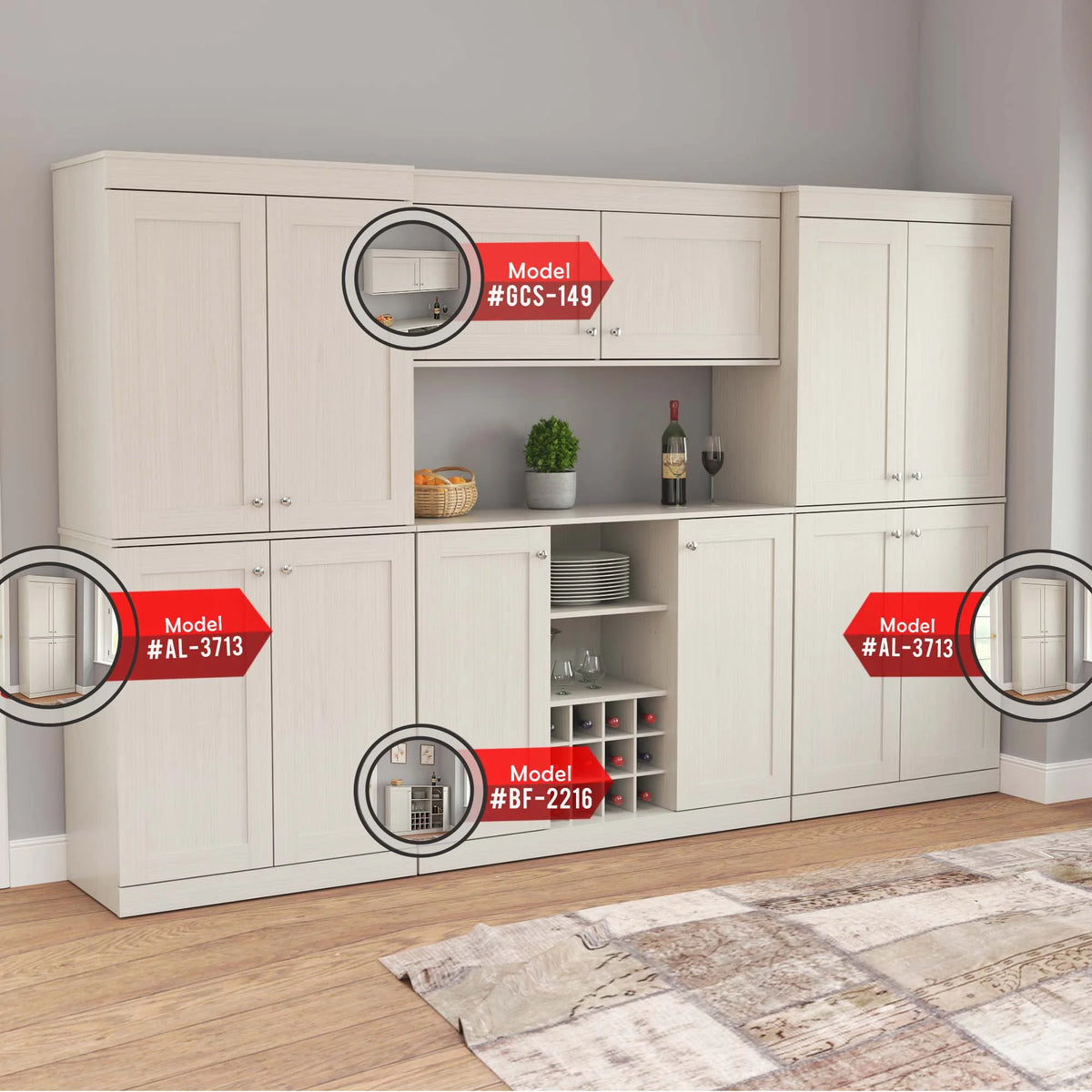Inval Shaker Wall Mounted 2-Door Laminate Kitchen Cabinet 47"W, Washed Oak