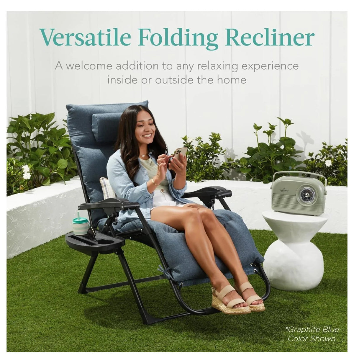 Oversized Chair, Folding Outdoor Patio Recliner, XL Anti Gravity Lounger w/Removable Cushion, Cup Holder, Side Tray, 350lb Capacity - Taupe