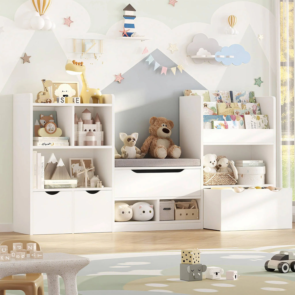 Hiphuta 72"Wide Kids Bookcase with Reading Nook and Under Bench Storage, Wooden Toy Storage Organizer & Book Rack for Kids Room, White