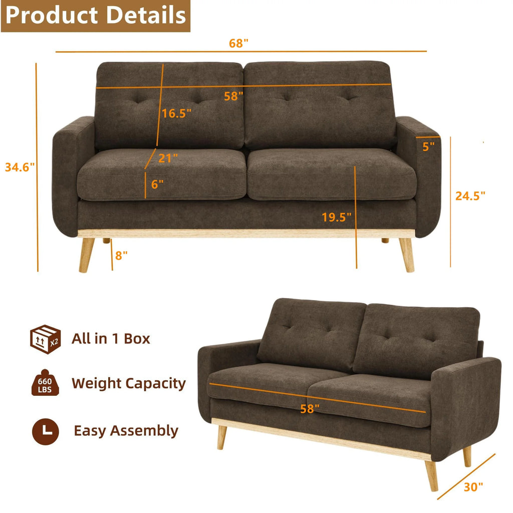 Aukfa 68" Small Sofa Couch Comfy Mid Century Modern Loveseat Sofa for Living Room Bedroom, Cream