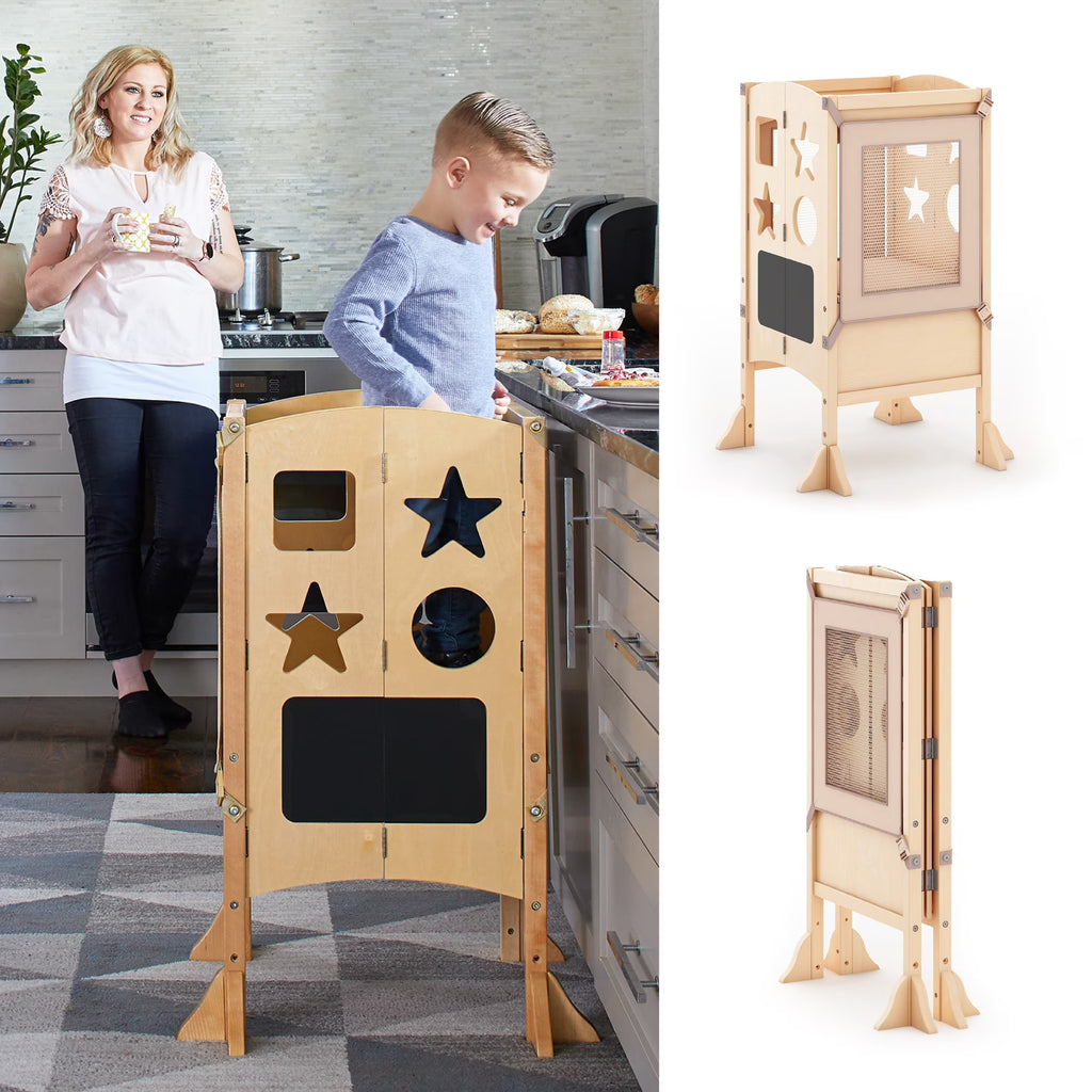 Guidecraft Classic Kitchen Helper Kids' Step Stool - Natural: Foldable and Adjustable Wooden Toddler Tower for Learning with Keeper